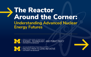 Blue square with maize accents and text: The Reactor Around the Corner: Understanding Advanced Nuclear Energy Futures