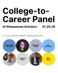 Graphic shows title and headshots of three panelists in a circle-grid at the bottom of the page (U-M colors).