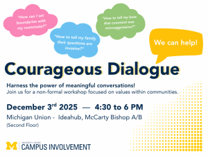 A promotional graphic for an event titled “Courageous Dialogue.” At the top, colorful speech bubbles show sample questions such as “How can I set boundaries with my roommate?”, “How to tell my family their questions are invasive?”, and “How to tell my boss that comment was microaggressive?” A yellow speech bubble says, “We can help!” The title “Courageous Dialogue” appears in large navy and yellow text. Below, event details read: “Harness the power of meaningful conversations! Join us for a non-formal workshop focused on values within communities. December 3rd 2025, 4:30 to 6 PM, Michigan Union – Ideahub, McCarty Bishop A/B (Second Floor).” The University of Michigan block M and Campus Involvement logo are at the bottom. A yellow dotted pattern decorates the lower right corner.