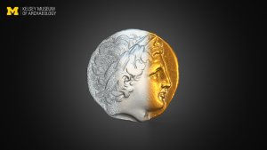 3D model of a coin in the Kelsey’s collection. The image shows different stages of the modeling process from left to right, with one-third showing the vertices of the coin’s surface, the next showing a gray 3D rendering, and the last showing the final, gold model.