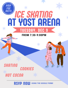 Skating event with people skating and words highlighting skating, hot cocoa, and cookies