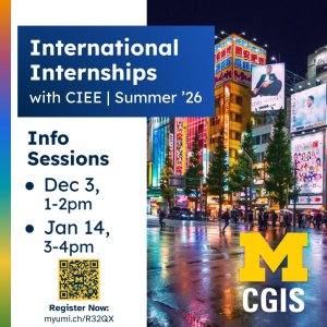 Shows a rainy urban street in Tokyo along with the Info Session information