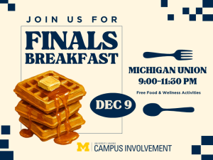 “Finals Breakfast” event with a watercolor illustration of stacked waffles dripping with syrup and a pat of butter on top. Large navy text reads “Join Us For Finals Breakfast,” with a blue oval displaying “Dec 9.” On the right, details state “Michigan Union 9:00–11:30 PM, Free Food & Wellness Activities.” Navy utensil icons and the University of Michigan block M with the Campus Involvement logo appear at the bottom.