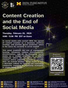 Flier for "Content Creation and the End of Social Media" event with a description and a QR code for registration. The background features a deep blue and mustard yellow highway on-ramp with bright streetlights in the night.