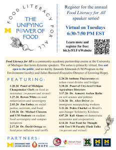 Food Literacy for All poster with a schedule of speakers and topics