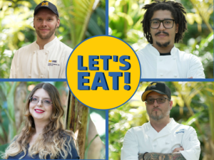 A rectangle divided into four, with an M-Dining chef in each section. A circle with the text "Let's eat!" is in the center.