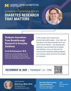 Flyer for the Caswell Diabetes Institute’s Community Seminar Series titled “Diabetes Research That Matters.” It features a headshot of the speaker, Dr. Scott Soleimanpour, and highlights his talk, “Diabetes Innovation: From Breakthrough Research to Everyday Solutions.” The flyer notes the session will cover advances like stem cell therapies, wearable tech, and smart insulin delivery. Event details: December 18, 2025, 6–7 PM, Ann Arbor District Library – Traverwood Branch. Moderator: Molly Dwyer-White. A QR code and note about light refreshments appear at the bottom.