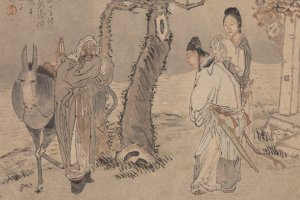 Three Heroes of the Wind and Dust 風塵三俠 by Qian Hui’an 錢慧安 (1833-1911), National Palace Museum, Taipei. The trio of Qiuranke 虯髯客, Li Jing 李靖, and Hongfu 紅拂 are legendary heroes who lived through the tumultuous transition from the Sui Dynasty (581–618) to the Tang Dynasty (618–907).