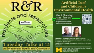 Title of talk is Artificial Turf and Children's Environmental Health presented by Homero Harari, ScD (Associate Professor, Institute for Exposomic Research, Icahn School of Medicine, Mount Sinai) DEC 9 (Tuesday) 12-12:50 pm ET