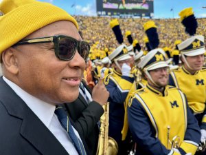 Wynton Marsalis at the Big House with Marching band trumpeters, 2022.