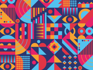 Colorful shapes on a blue background