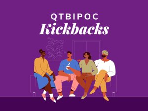 QTBIPOC Kickbacks with illustration of people seated on a sofa