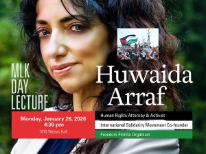 CMENAS MLK Dau Lecture banner featuring speaker Huwaida Arraf