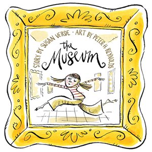 The cover of the children’s book “The Museum,” written by Susan Verde and illustrated by Peter H. Reynolds, showing a girl leaping through a gallery.