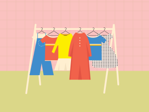 A brightly illustrated clothing closet