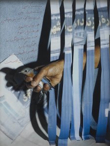 A hand gently holds a small bird amidst blue-tinted vertical strips resembling a fragmented image, with red handwritten script on the left side,