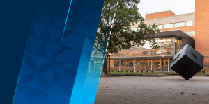 Image of the Cube sculpture outside of the LSA Building at the University of Michigan