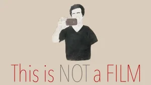 Drawing of a person wearing a black shirt, using a smartphone to take a picture. The text below reads "This is NOT a FILM" on a beige background.