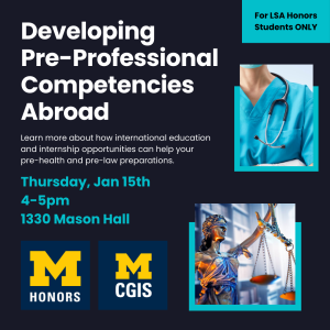 Flier for event with an image of a medical professional in scrubs and an image of the scales of justice, as well as event details.