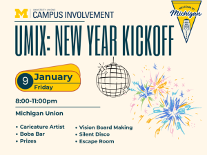 A promotional graphic for “UMix New Year Kickoff” hosted by University Unions Campus Involvement. The flyer lists the event as Friday, January 9, from 8:00–11:00 PM in the Michigan Union and features illustrated fireworks and a disco ball.