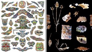 Two images, side by side: on the left, colorful cross-sections of paint from the U-M rock are displayed on a white background, and on the right, a variety of found objects collected within the Miller Creek watershed on a black background