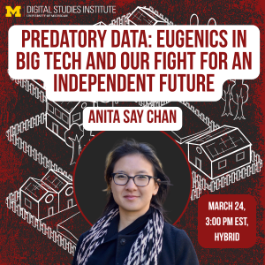 An illustration of white buildings and electrical lines over a red and black abstract background. A headshot of Anita Say Chan, who has medium brown hair and is wearing glasses, a black coat, and a black and white scarf, is placed over the background.