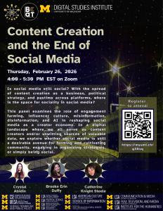Flier for "Content Creation and the End of Social Media" event with a description, headshots of three speakers, and a QR code for registration. The background features a deep blue and mustard yellow highway on-ramp with bright streetlights at night.