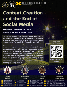 Flier for "Content Creation and the End of Social Media" event with a description, headshots of four speakers, and registration QR code. The background features a deep blue and mustard yellow highway on-ramp with bright streetlights at night.
