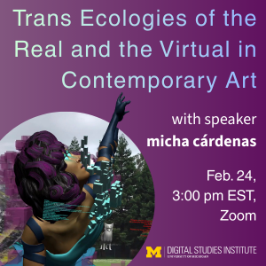 An image promoting the DSI Lecture Series event featuring an artistic rendering of a person with purple hair in a futuristic outfit, with digital pixel effects extending from the person’s arm against a realistic background of pine trees and a cloudy sky.