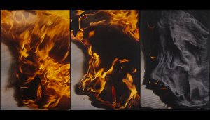 a triptych showing a figure in flames, then reduced to smoke