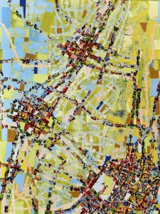 A painting of connected dense arrangements of colored squares forming a map-like image