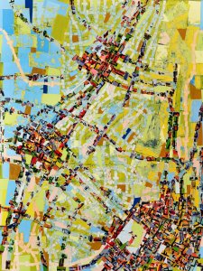 A painting of connected dense arrangements of colored squares forming a map-like image