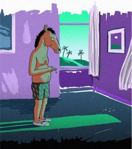 Bojack Horseman, a cartoon figure with a horse's head, stands smoking a cigarette