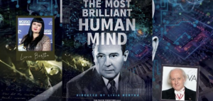 A collage-style film poster with the large title “The Most Brilliant Human Mind” over a blue, circuit-like digital background. At the center is a black-and-white portrait of a man in a suit, with smaller inset photos on the left and right showing two different people at public events. The background layers imagery of circuitry, abstract data patterns, and handwritten notes, creating a visual theme that blends human intellect with technology.