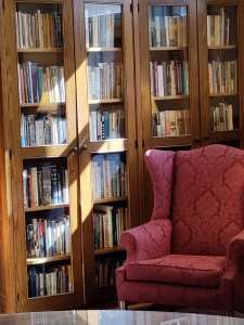 Image of a wing chair in front of a glass-fronted bookcase.