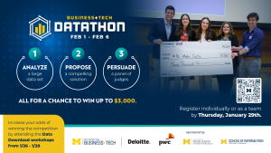 Event flyer for the Michigan Ross Business+Tech Datathon. The event runs from Feb 1–Feb 6, with a registration deadline of Jan 29. It features a three-step process: Analyze, Propose, and Persuade, for a chance to win up to $3,000.