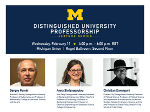 "Distinguished University Professorship Lecture Series" logo with the event date, time, and location included on a navy background. Below are names and titles of all three awardees