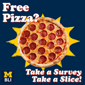 Blue square with a full, round pepperoni pizza. Top text: Free Pizza? Bottom text: Take a Survey, Take a Slice.