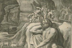 Giant cyclops being blinded by three humans while additional human figures gather in the background. Copperplate engraving illustrating the episode of the Cyclopes from Homer his Odysses translated, adorn'd with sculpture, and illustrated with annotations, by John Ogilby, Esq., 1665.