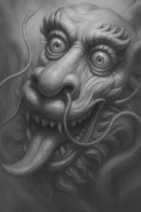 3D grayscale image of a dragon head with it's eyes and mouth wide open
