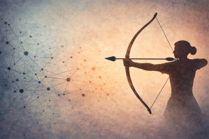 Abstract side view image of person pulling back a bow with arrow