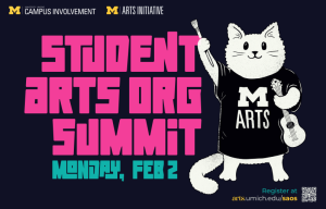Image shows a cartoon cat wearing a Michigan Arts shirt holding an ukulele in one hand and a paintbrush in the other. Title, sponsors, and date of the event are included.