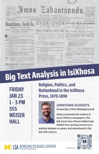 IsoXhosa newspaper page at the top of the poster, with photo of the speaker