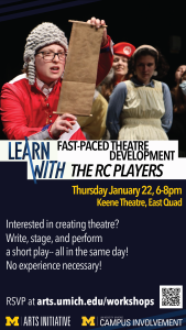 An actor in a powdered wig, red jacket and glasses reads from a scroll while actors in an apron and a Mario hat look on. Event information is also included.