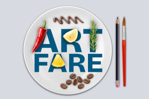 Image of plate with a pencil and paintbrush next to it instead of eating utensils.  On the plate are coffee beans, sliced fruits, rosemary sprig, a pepper, and the words "ART FARE"