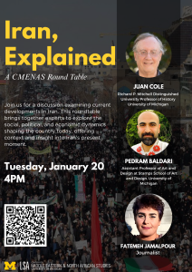 Flyer for the event featuring the three speakers: Juan Cole, Pedram Baldari, and Fatemeh Jamalpour