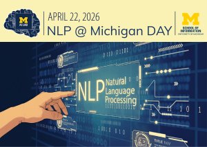 Hand pointing to an image that says Natural Language Processing.  AI Lab & School of Information Logos at the top