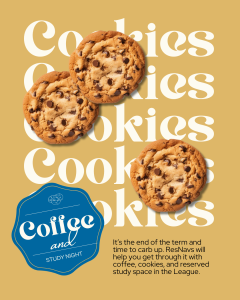 Event graphic with stylized word "Cookies" stacked five times, with three chocolate chip cookies floating on top.