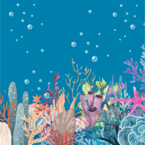 Blue background of the ocean with a colorful reef on the seafloor. Bubbles are floating up throughout the water.