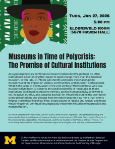 Image of Porchia Moore, African American woman wearing a hat, with a description of her presentation titled Museums in Time of Polycrisis: The Promise of Cultural Institutions